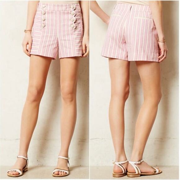 Anthropologie x Cartonnier Women's Pink Beige Linen Striped Sailor Shorts Retro - Picture 1 of 10